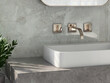 3D render an empty marble top  counter with ceramic washbasin and luxury modern rose gold faucet in a bathroom with morning sunlight and shadow. Blank space for products display mockup. Background.