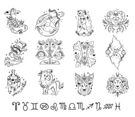 zodiac hand drawn line signs isolated cliparts bundle, unique astrology symbols illustration, esoter