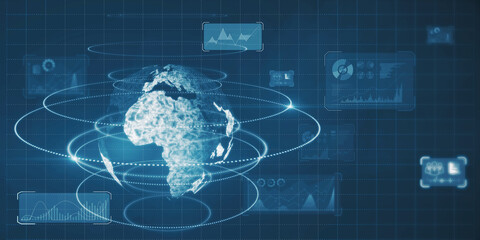 Poster - Creative glowing digital business screen interface wallpaper with globe and charts. Spy, hud and world concept. 3D Rendering.