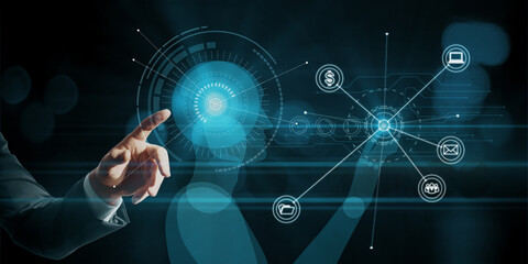 Aufkleber - Businessman hand pointing at creative glowing robot hologram on blue background. AI and robotics concept. Double exposure.