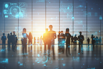 Poster - Backlit businesspeople working tohether in abstract blurry office interior with business charts and binary code. System engineering and digital transformation concept. Double exposure.