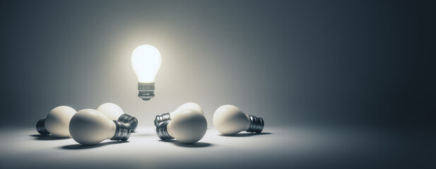 Poster - Abstract illuminated lamps on wide gray background with mock up place. Idea, teamwork and leadership concept. 3D Rendering.