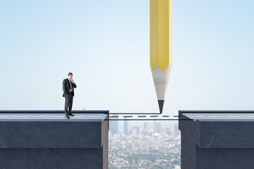 Poster - Business man looking at abstract pencil drawing road gap on bright sky background. Trust and way concept.