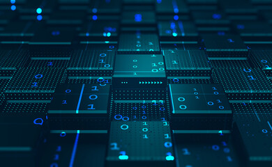 Big data flow computer diagram. Processor and motherboard 3D illustration. Binary code and blockchain structure