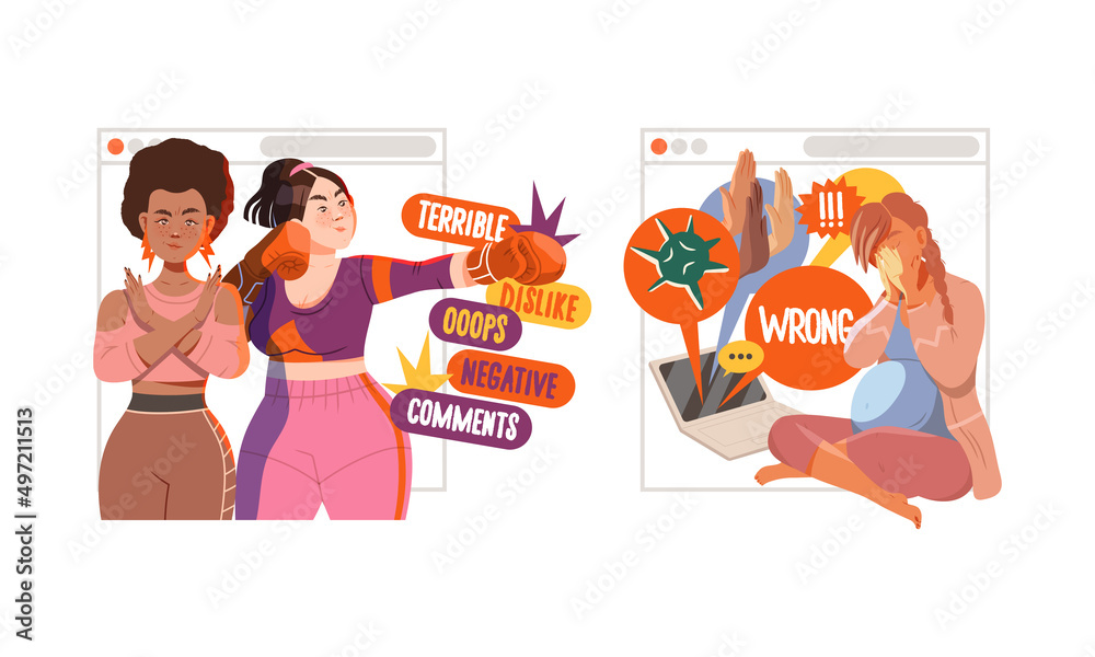 Cyberbullying in social networks. People sending aggressive messages and suffering from online abuse and violence cartoon vector illustration