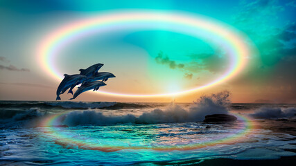 Wall Mural - group of dolphins jumping on the water with rounded rainbow and northern lights in the sky over the 
