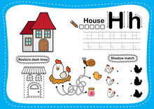 Alphabet Letter H - House Exercise With Cartoon Vocabulary Illustration, Vector