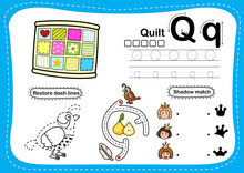 Alphabet Letter Q - Quilt Exercise With Cartoon Vocabulary Illustration, Vector