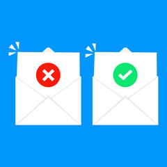 vector icons of almost email almost two envelopes with check mark and cross on top on blue background eps10