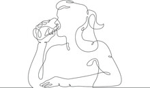 A Young Woman Drinks Water From A Glass. Satisfy Your Thirst After Exercise.One Continuous Line Drawing. Line Art Isolated White Background.