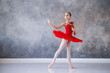 A cute little girl dreams of becoming a professional ballerina. A girl in a bright red tutu on pointe shoes dances in the hall. Vocational school student.