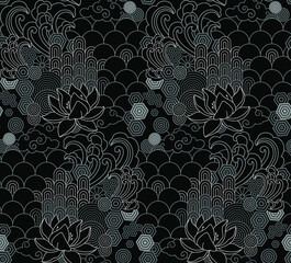 Lotus. Floral Black and White Geometric Seamless Pattern.