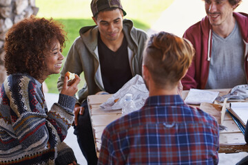 Poster - Feeling comfortable with my social group. A group of friends around an outdoor table.