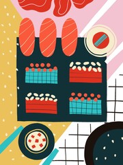 Wall Mural - sushi and rolls abstract illustration. Colored Japanese food. Funny colored typography poster, apparel print design, restaurant menu decoration.