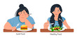 Healthy food versus unhealthy food. Fat and slender girls