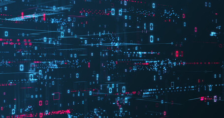 Leinwandbilder - Digital data network illustration depicting binary code calculations and data processing. 
Code digits, lines and abstract point clouds form a complex computer network on a dark blue background.