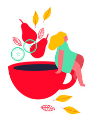 Wall Mural - Vector illustration with young woman holding huge mugs fruit tea. Drink lover concept. Funny colored typography poster, apparel print design, bar menu decoration. Isolated. EPS 10. Tea, fruits