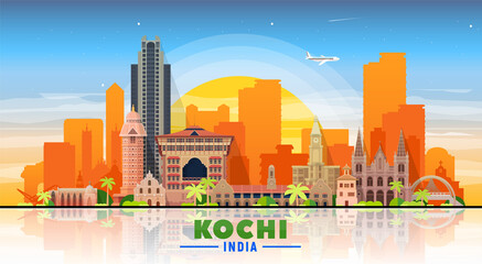 Wall Mural - Kochi ( India ) city skyline at sky background. Flat vector illustration. Business travel and tourism concept with modern buildings. Image for banner or web site.