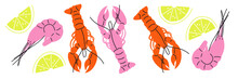 Abstract Appetizing Seafood Collection. Hand-drawn Modern Illustrations Crabs, Fish And Lobster Vector.