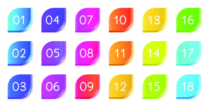 Bullet icons with numbers vector set. Gradient bullet points, isolated on a white background. 3D rendering abstract leaf shapes with numbers. Number bullet points set, vector gradient markers.
