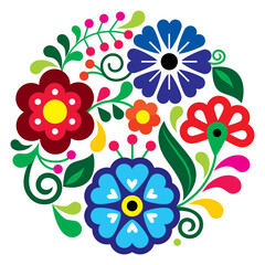 Wall Mural - Mexican folk art style vector mandala floral patter, nature composition in circle inspired by traditional embroidery designs from Mexico
 