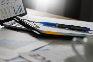 Poster - businessman working reading documents graph financial to job succes analyze document plans online do