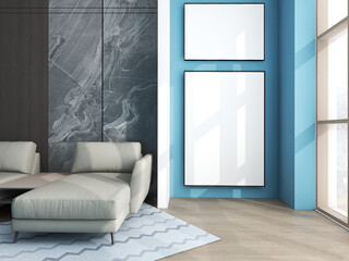 Poster - Modern simple living space in office buildings and residential homes, Modern sofas and simple marble walls with photo frames exhibiting artwork-3d Rendering