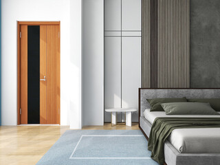 Poster - Simple modern style bedroom, simple wall decoration beautiful and wood door, Modern seaside accommodation with a contemporary design -3d Rendering