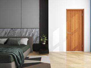 Poster - Simple modern style bedroom, simple wall decoration beautiful and wood door, Comfortable beds at seaside accommodation during vacations -3d Rendering