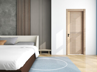 Poster - Simple modern style bedroom, simple wall decoration beautiful and wood door, Simple seaside accommodation with beautiful morning sun -3d Rendering