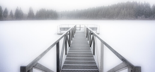 Canvas Print - snowy day with dock onto lake 