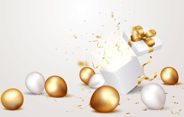 Wall Mural - gift box with gold confetti and balloons, isolated on transparent background