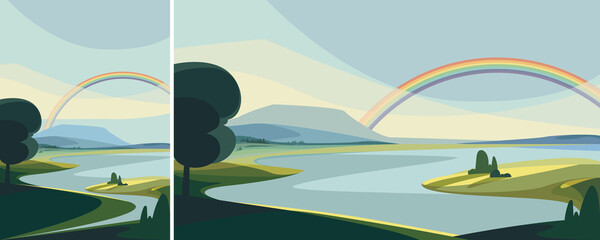 Wall Mural - Landscape with river and rainbow. Natural scenery in different formats.