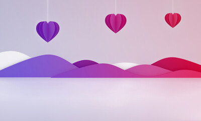 Wall Mural - Gift card of hanging paper hearts and a theatrical stage of mountains.