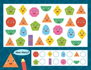 How many shapes activity page for kids. Count the shapes and write. I Spy game template for children. Vector illustration