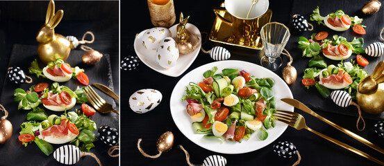 Wall Mural - Collage of Easter breakfast with fresh salad and stuffed egg halves on black table