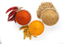 Spices,Indian Spices, Color Full Spices In Glass Bowls Chilee,Turmeric, Coriander Powders