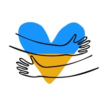 Yellow And Blue Heart With Hugs Hands. Stand With Ukraine/ Stop War