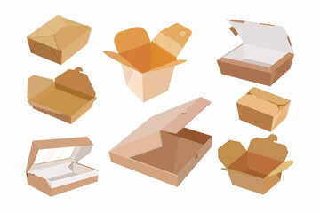 Sticker - Carton boxes for fast food vector illustrations set. Paper packs or disposable packages for lunch or meal from cafe or takeaway isolated on white background. Food, packaging concept