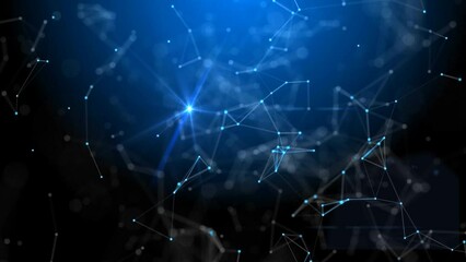 Poster - Blue abstract technology and network connections concept. Plexus connected lines, nodes, particles and a flickering star light evolving in a technology organic motion background