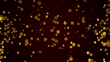 Poster - Animated dot background. Moving towards drops, splashes of oil. Liquid metal. Transformer. Plexus golden circles, spheres. Collision particles. Force attraction. Business, technology science. 4k