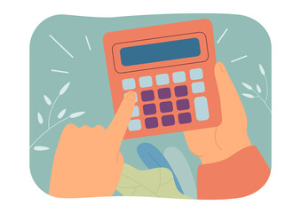 Sticker - Hands holding calculator flat vector illustration. Person calculating finance or money, doing math Accounting, business concept for banner, website design or landing web page