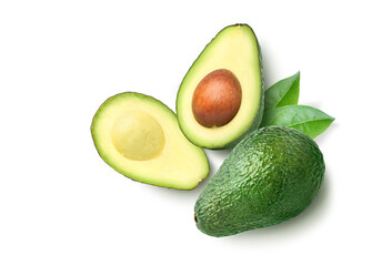 Wall Mural - Flat lay of Avocado with cut in half and green leaves isolated on white background.