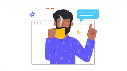 Poster - video call or online communication concept. bearded moving man with cup of coffee talking to friends