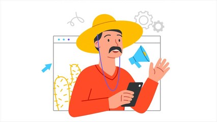 Poster - video call or online communication concept. moving man in straw hat holds smartphone and talks to fr