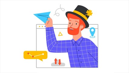 Poster - video call or online communication concept. moving irishman in hat looks out of digital window and l