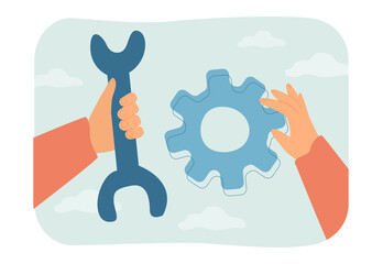 Wall Mural - Wrench and gear in persons hands flat vector illustration. Handyman or engineer holding tools or equipment. Occupation, technical service, repair concept for banner, website design or landing web page
