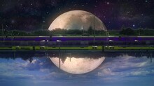 Upside Down Trains Starry Space Cloudy Sky Surreal Scene Full Moon. Upside Down Trains Crossing A Bridge In Space And In A Cloudy Sky. Full Moon Spinning
