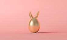 Gold Easter Egg With Cute Spring Bunny Ears On A Pastel Pink Background. 3D Rendering
