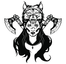 Viking Design. Valkyrie In A Wolf Helmet. Image Of Valkyrie, A Woman Warrior From Scandinavian Mythology, Isolated On White, Vector Illustration